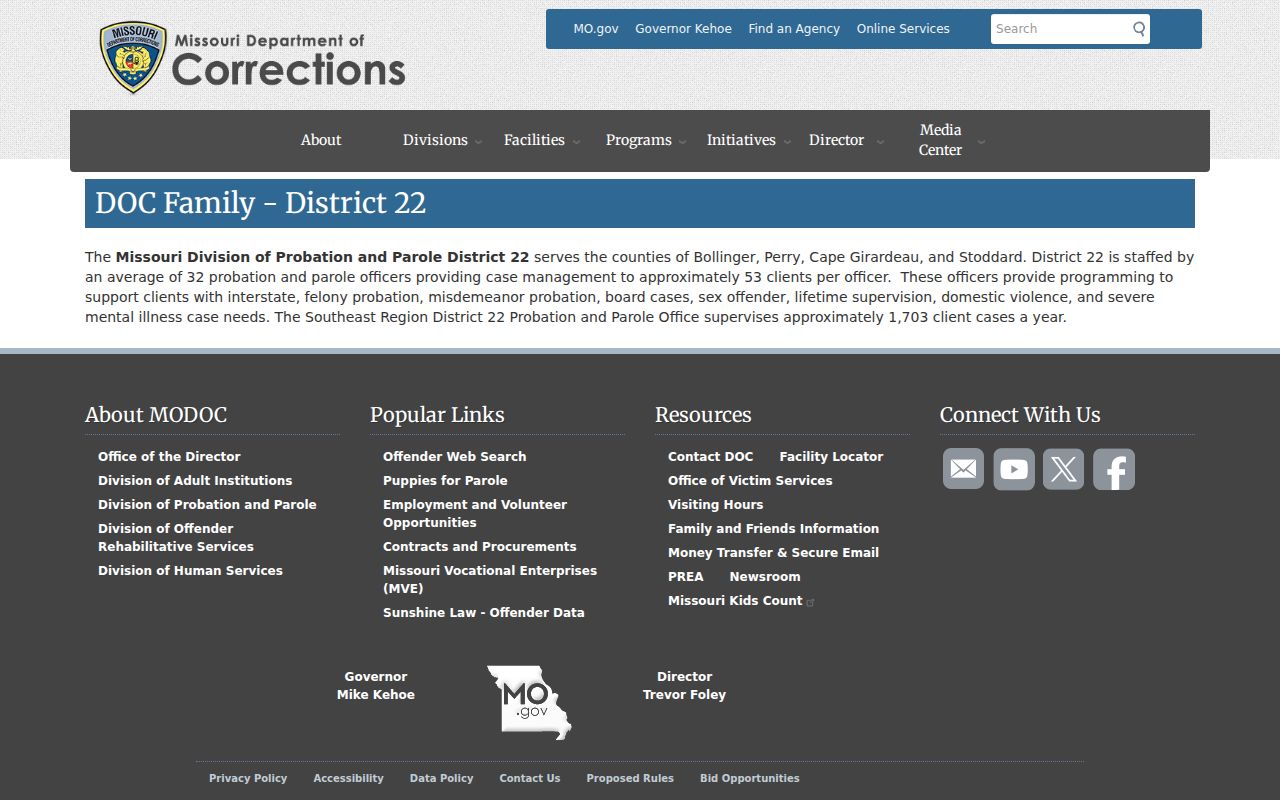 Perry County criminal supervision records through Missouri DOC District 22
