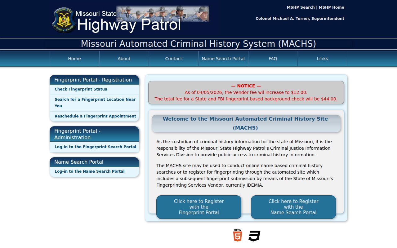 Perry County criminal history search through the Missouri MACHS portal
