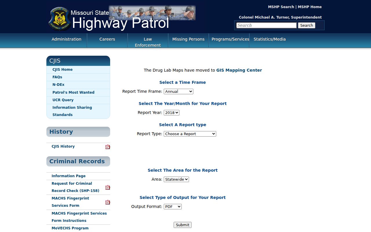 Perry County criminal record and crime statistics query through MSHP